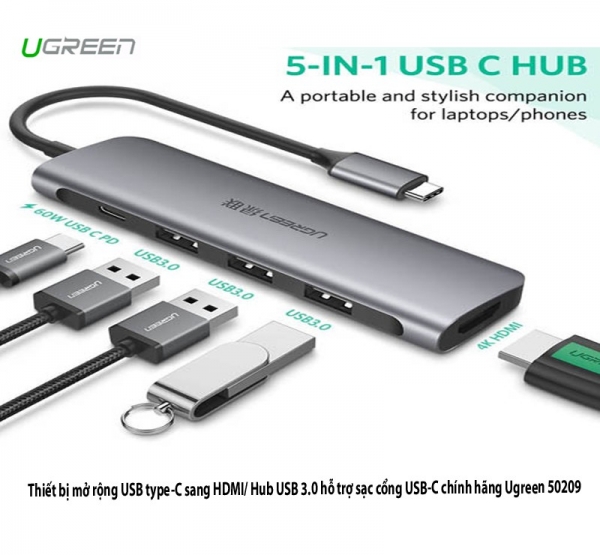 Bộ chuyển USB-C to HDMI kèm Hub USB 3.0 Ugreen 50209